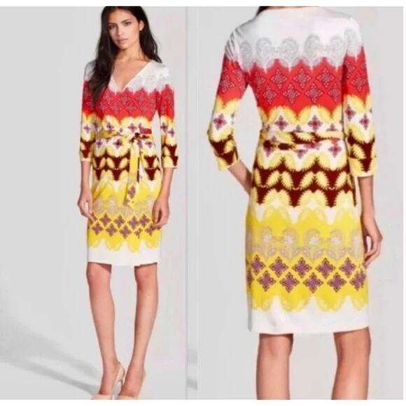 Diane Von Furstenberg Dress Womens 6 Yellow Red Julian Indian Border Wrap Silk - Picture 2 of 16